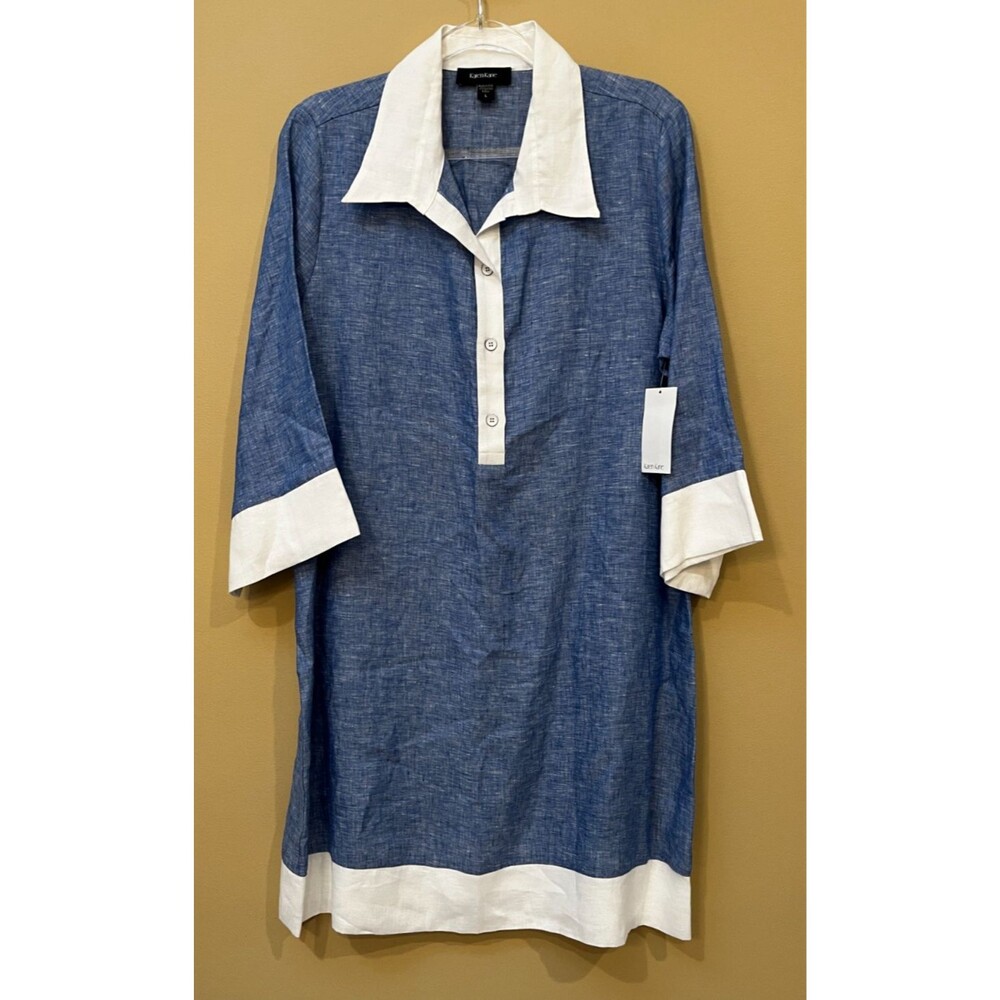 KAREN KANE Sand & Sky Linen Blue & White Contrast Shirt Dress NEW Size L NWT